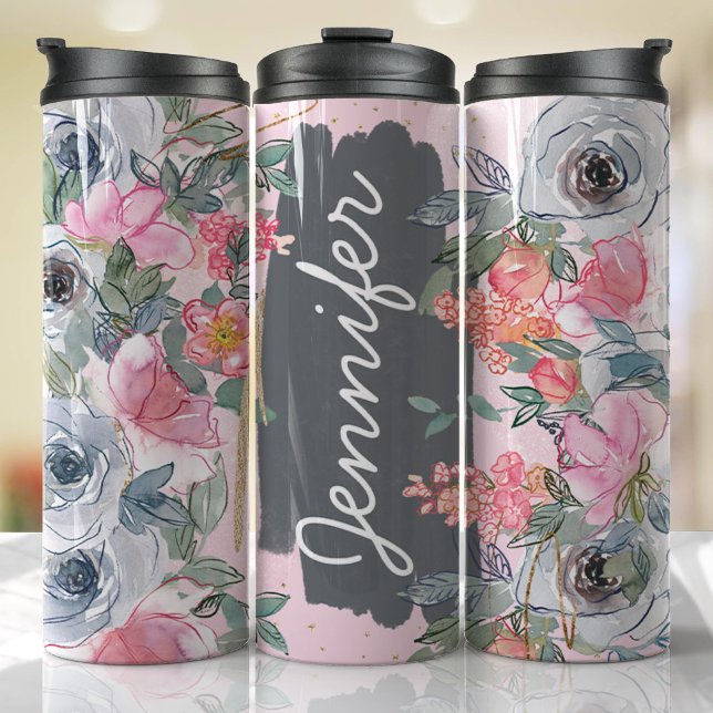 Bouteilles Isothermes Fleurs Gris Rose Ajouter Nom Cadeau Personnalisé (Floral Personalized Tumbler)