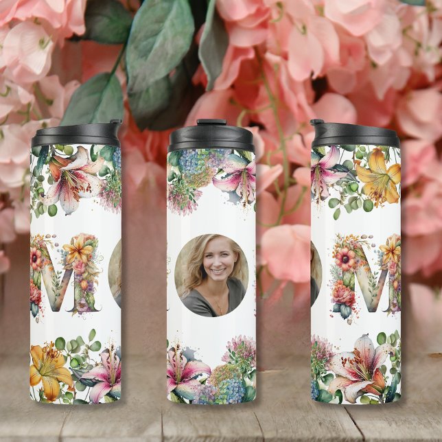 Bouteilles Isothermes Fleurs MOM personnalisées Fête des mères Photo (Personalised MOM flowers Mothers Day Photo Thermal Tumbler)