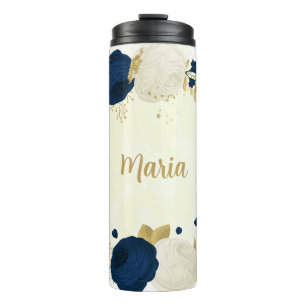 Bouteilles Isothermes fleurs navy et blanc botanique or