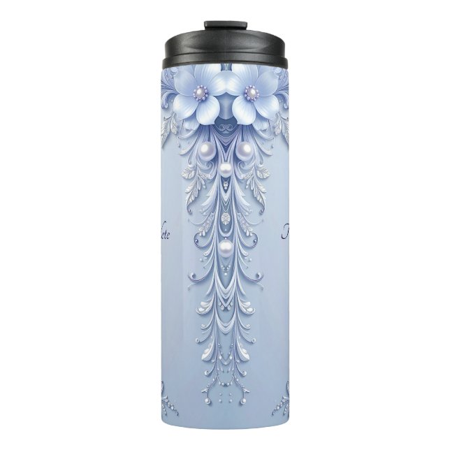 Bouteilles Isothermes Fleurs Ornées Bleues avec Perles (Devant)