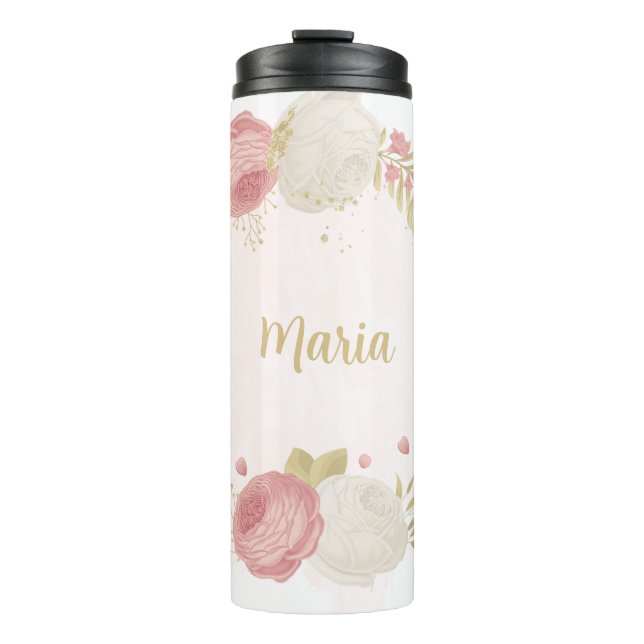 Bouteilles Isothermes Fleurs romantiques rose blanc & or  (Devant)