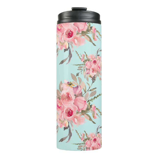 Bouteilles Isothermes Fleurs rose pâle sur bleu clair (Devant)