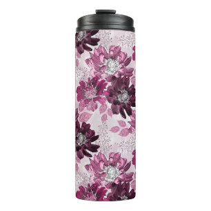 Bouteilles Isothermes Fleurs roses et bordeaux sur rose poussiéreux
