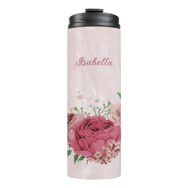 Bouteilles Isothermes fleurs roses feuilles vertes mariage (Devant)