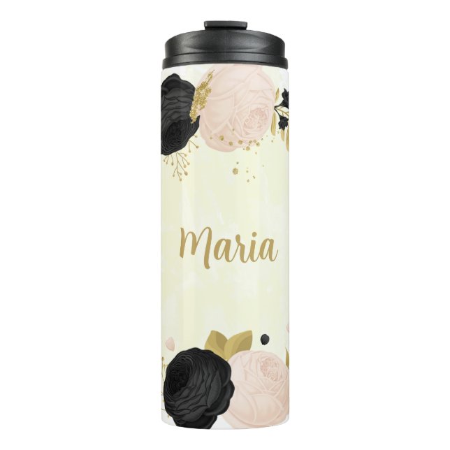 Bouteilles Isothermes fleurs roses noires or botanique (Devant)