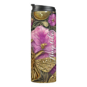 Bouteilles Isothermes Fleurs roses papillons dorés nom personnalisé