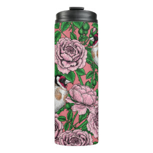 Bouteilles Isothermes Fleurs roses roses et oiseaux dorés
