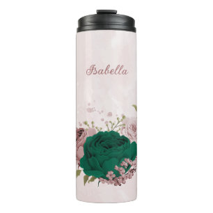 Bouteilles Isothermes fleurs roses vert émeraude mariage 