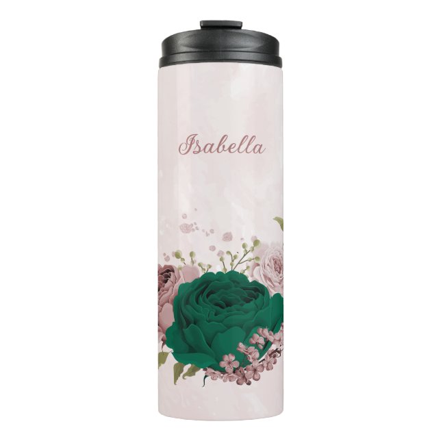 Bouteilles Isothermes fleurs roses vert émeraude mariage  (Devant)