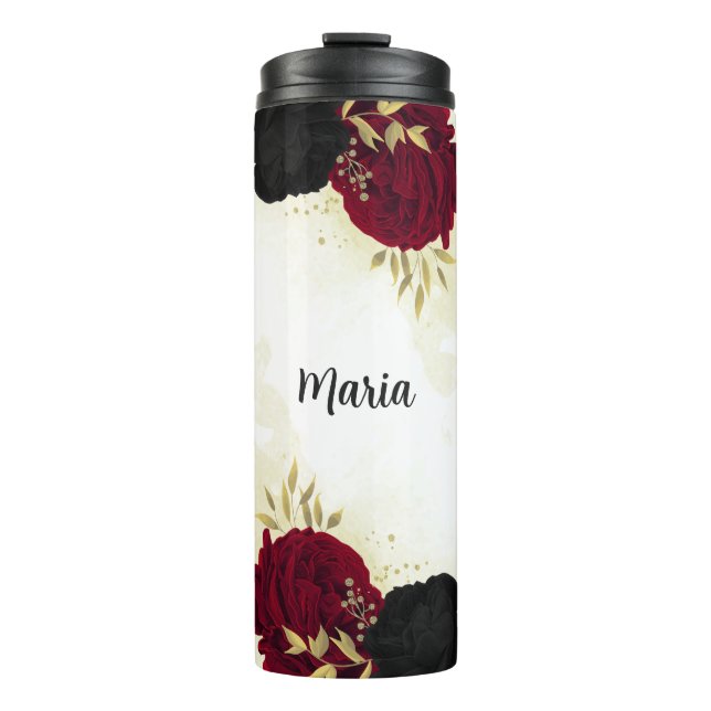 Bouteilles Isothermes fleurs rouges noires or feuilles (Devant)