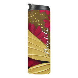 Bouteilles Isothermes Fleurs rouges Parties scintillant d'or Nom personn