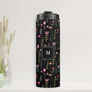 Bouteilles Isothermes Fleurs sauvages néon sur noir, monogrammed