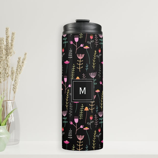 Bouteilles Isothermes Fleurs sauvages néon sur noir, monogrammed (Personalized monogram   Thermal Tumbler drink bottle with bright Wildflowers on a black background)