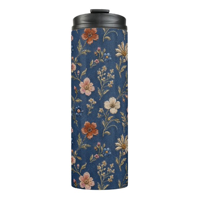 Bouteilles Isothermes Fleurs sauvages simples brodées sur fond de denim (Devant)