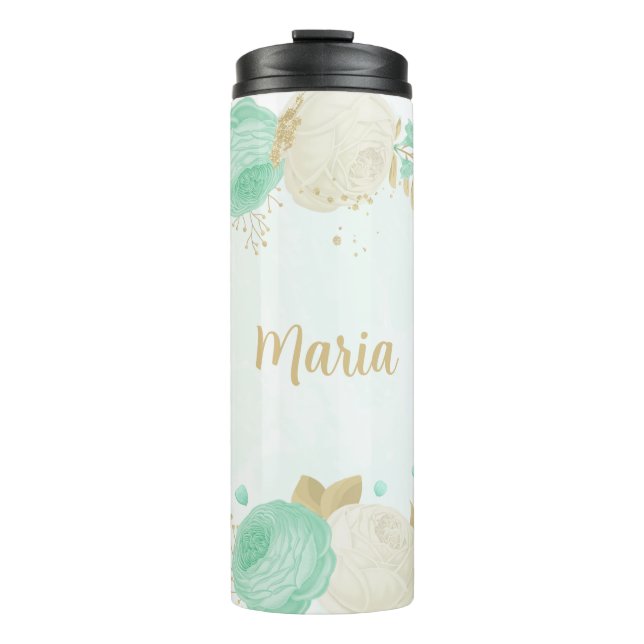 Bouteilles Isothermes fleurs vert menthe blanc or floral  (Devant)