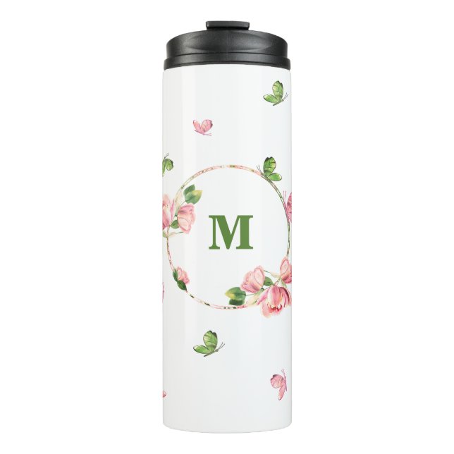 Bouteilles Isothermes fleurs vertes papillons rose chaud  (Devant)