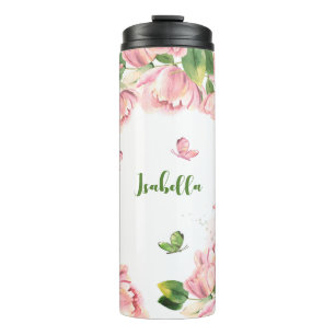 Bouteilles Isothermes fleurs vertes papillons rose vif