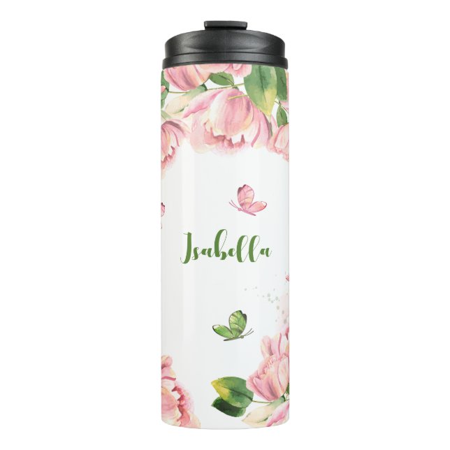 Bouteilles Isothermes fleurs vertes papillons rose vif  (Devant)