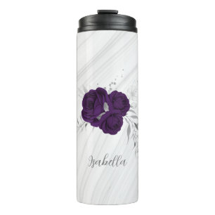 Bouteilles Isothermes fleurs violettes royales feuilles argentées marbre