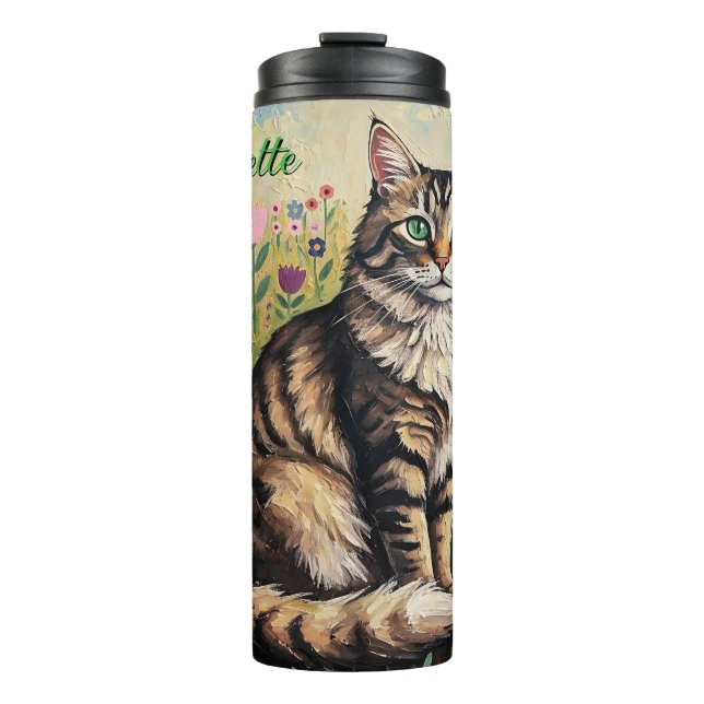 Bouteilles Isothermes Fluffy Gray Tabby Cat and Folk Art Flowers (Devant)
