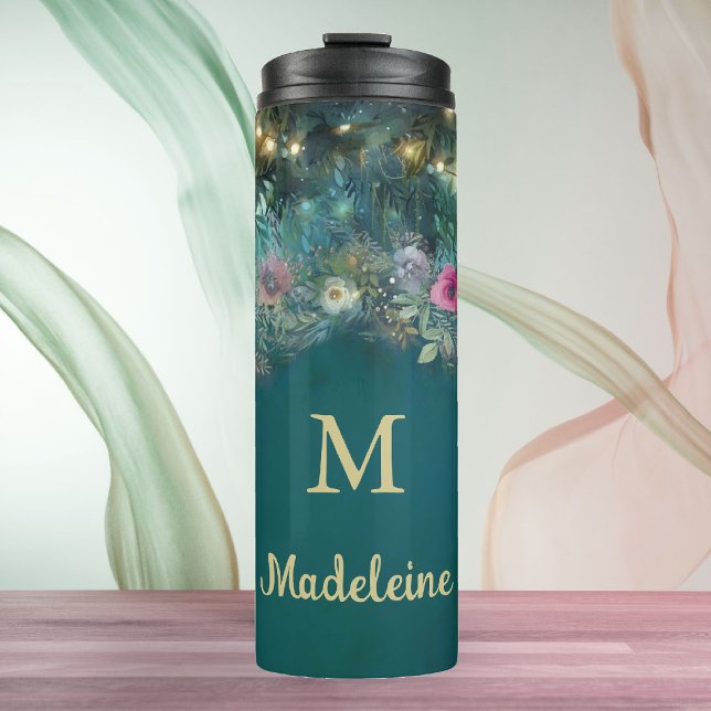 Bouteilles Isothermes Forêt enchantée Rose verte verte Fée Bois (enchanted forest water bottle monogram calligraphy wild roses floral emerald gold woodland fairy)