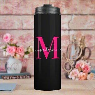Bouteilles Isothermes Girly Black & Bold Hot Pink Monogram Initiale 