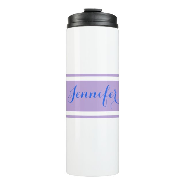 Bouteilles Isothermes Grand nom de script bleu, Lavender Strips sur blan (Devant)