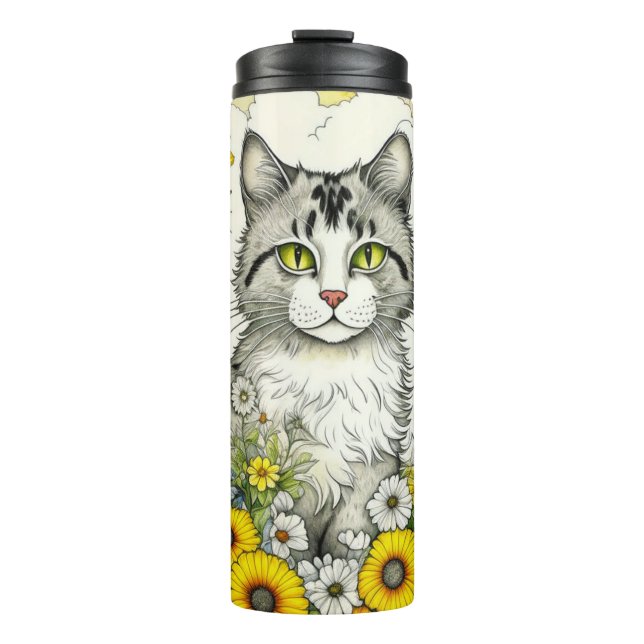 Bouteilles Isothermes Gray Kitty Chat assis en Fleurs (Devant)