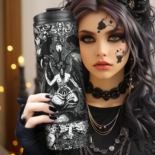 Bouteilles Isothermes Gris noir cuisine gothique victorienne gothique Ba (If you love all things witchy and alternative, this is the flask for you. Cats, Bats and Baphomet.)
