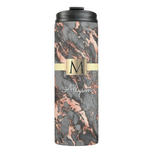 Bouteilles Isothermes Gris & Rose Gold Marble Boîte Or, Nom et Monogramm