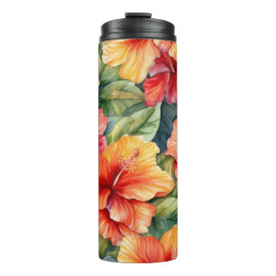 BOUTEILLES ISOTHERMES HIBISCUS TROPICAL À L'AQUARELLE ROSE ROUGE ORANGE