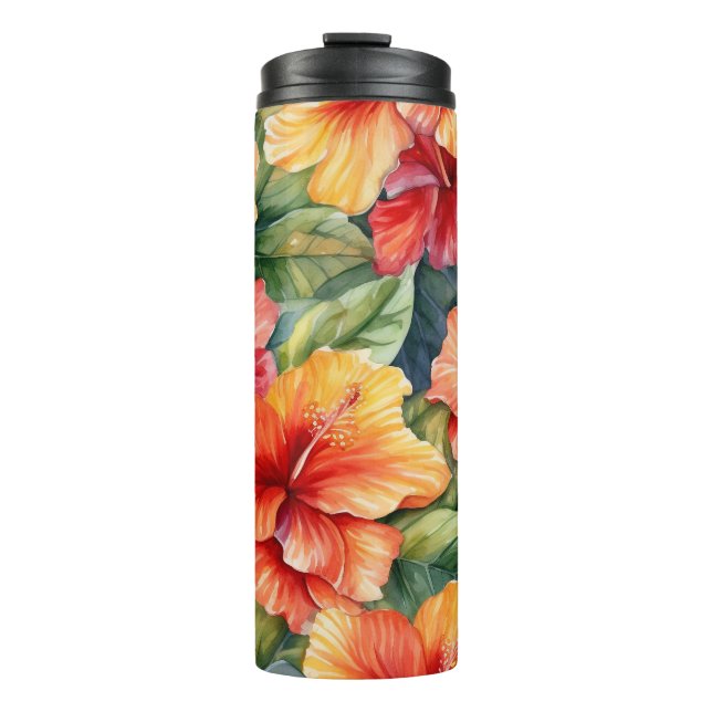 BOUTEILLES ISOTHERMES HIBISCUS TROPICAL À L'AQUARELLE ROSE ROUGE ORANGE (Devant)