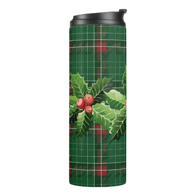 Bouteilles Isothermes Holly et Berries sur Green Christmas Plaid (Tourné sur la gauche)