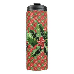 Bouteilles Isothermes Holly et Berries sur Red Christmas Plaid