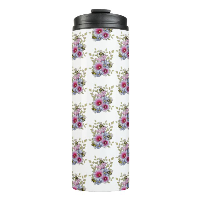 Bouteilles Isothermes Hollyhocks et fleurs bleues avec bourdons (Devant)