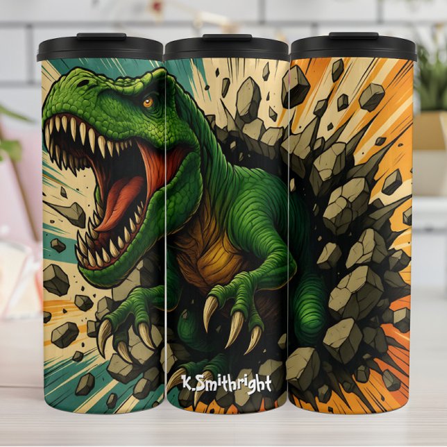 Bouteilles Isothermes Hurlement de T-Rex vert brisant un mur (Créateur téléchargé)