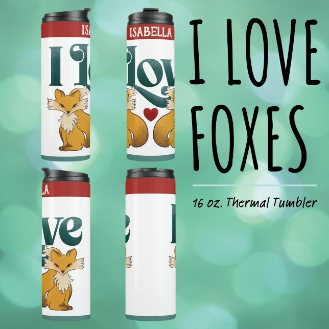 Bouteilles Isothermes I Love Foxes Cute Heart Water Bottle ("I Love Foxes" 16 oz. Thermal Tumbler with Cute Hand Drawn Foxes and Heart Artwork.)