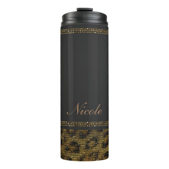 Bouteilles Isothermes Imprimé léopard guépard paillettes sequins noir et (Devant)