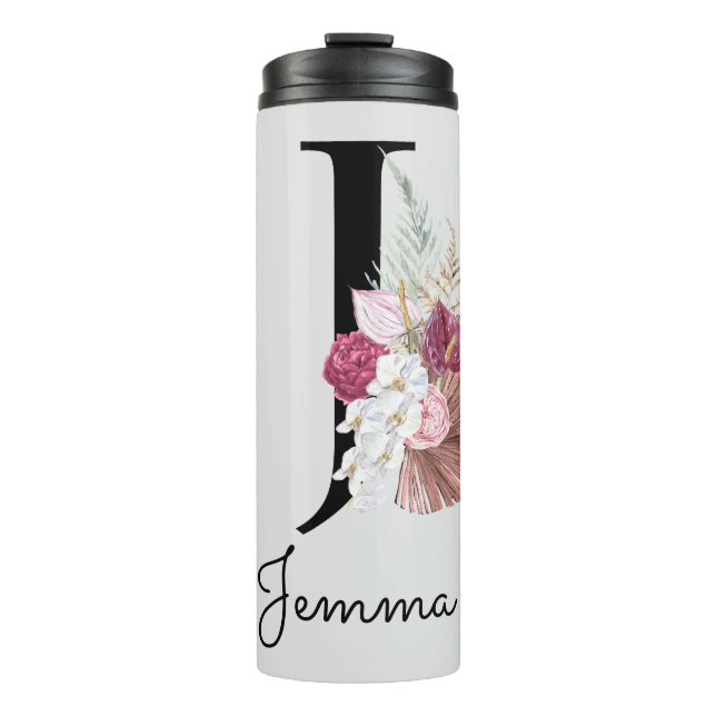 Bouteilles Isothermes Initiale J brodée rose boho floral féminin (Devant)