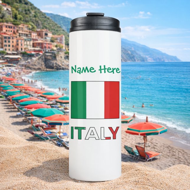 Bouteilles Isothermes Italie Drapeau italien Personnalisation verte (Personalized thermal tumbler with the Italian Flag and the word ITALY below. Above add name in green)