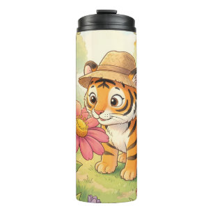 Bouteilles Isothermes Jeune tigre mignon avec chapeau dans le jardin