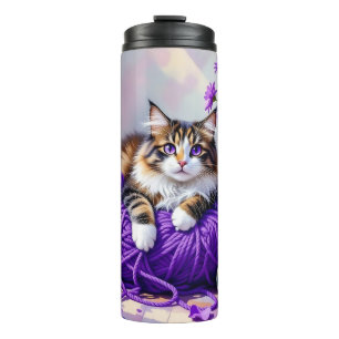 Bouteilles Isothermes Joli chat avec des fleurs violettes et de la laine