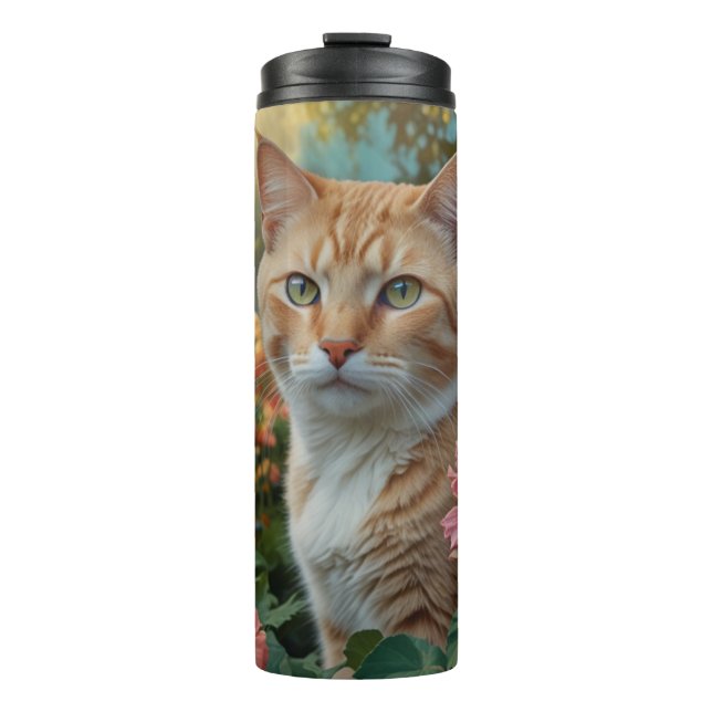 Bouteilles Isothermes Joli chat blanc orange dans un jardin fleuri (Devant)