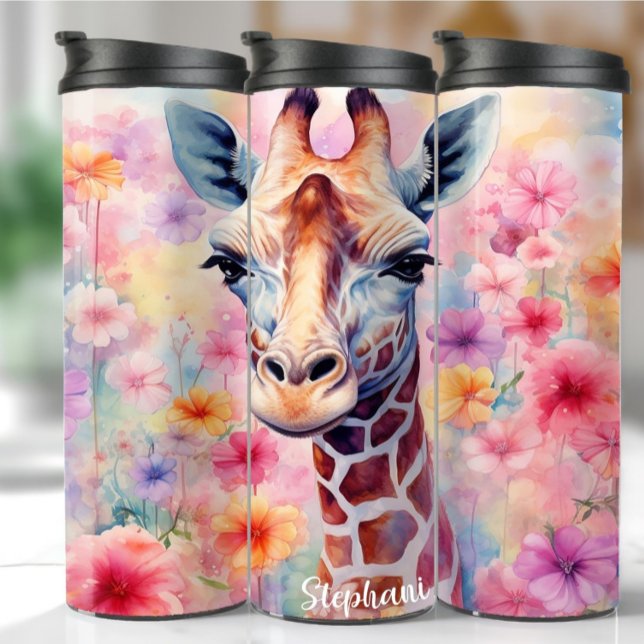 Bouteilles Isothermes Jolie Giraffe Face avec Fleurs Roses Tumbler (Créateur téléchargé)