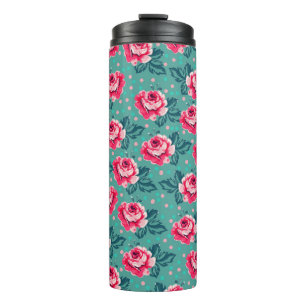 Bouteilles Isothermes Jolies roses roses et motif à pois sur sarcelle