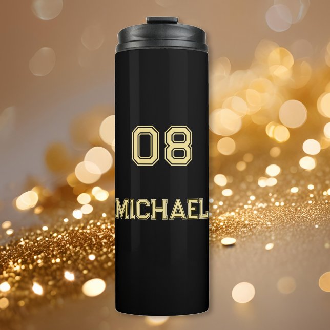 Bouteilles Isothermes Joueur Black Gold moderne Nom Jersey Numéro Sports (Modern Black Gold Player Name Jersey Number Sports Thermal Tumbler)