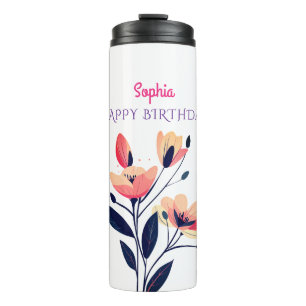 Bouteilles Isothermes Joyeux Anniversaire, Nom, Fleurs sur Fond Blanc