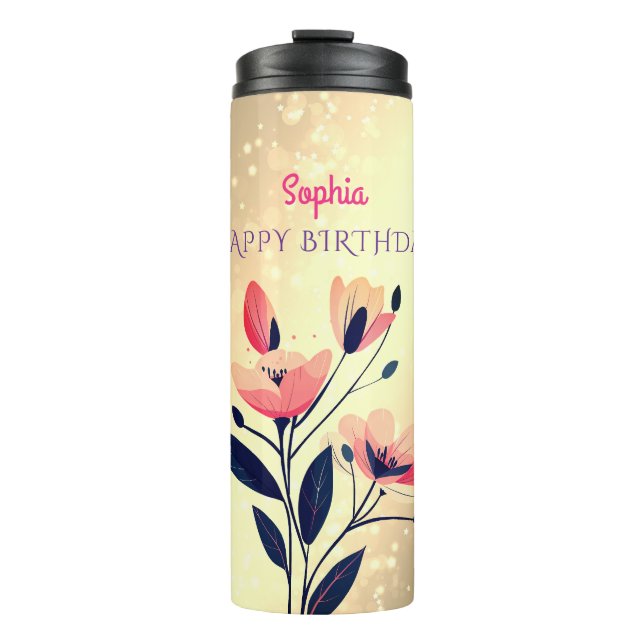 Bouteilles Isothermes Joyeux Anniversaire, Nom, Fleurs sur Or Gradient (Devant)
