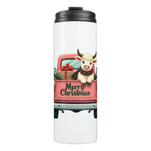 Bouteilles Isothermes Joyeux Noël vintage vache highland rose à la ferme