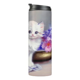 Bouteilles Isothermes Kitten blanc vintage aux fleurs roses et violettes